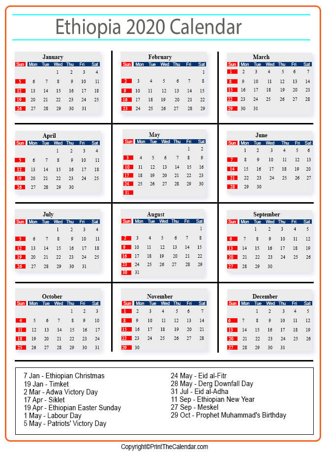 Ethiopia Calendar 2020